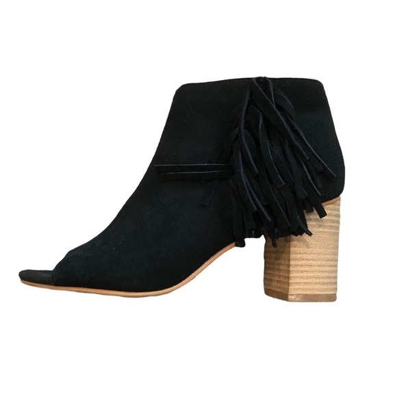 Kensie Erika Fringed Black Leather Suede Open Toe Booties, 7.5 WhimsiGoth Edgy - Picture 1 of 8